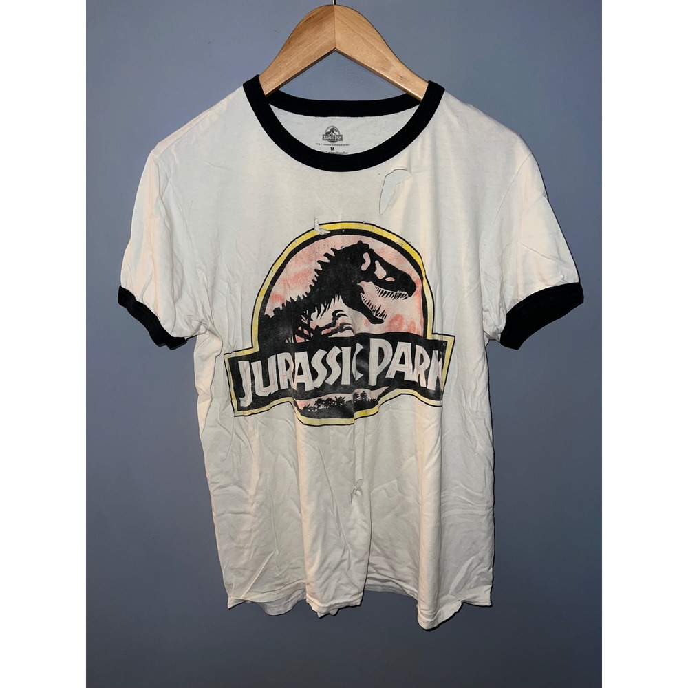 Jurassic Park Ringer Tee White Black Distressed Thrashed Movie Graphic T-Shirt M